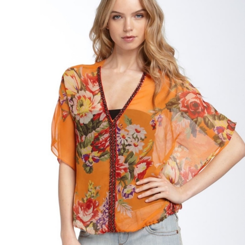 FREE PEOPLE Sheer Genius Boho Floral Embellished Top Size Small EUC